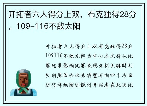 开拓者六人得分上双，布克独得28分，109-116不敌太阳